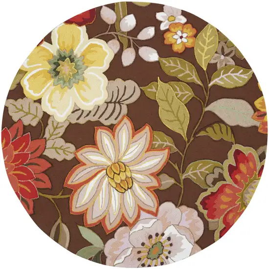 6' Brown Round Floral Hand Hooked Handmade Area Rug Photo 1