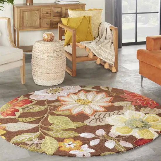 6' Brown Round Floral Hand Hooked Handmade Area Rug Photo 8