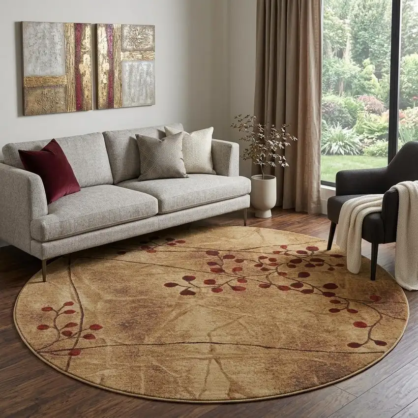 8' Brown Floral Power Loom Non Skid Round Rug Photo 1