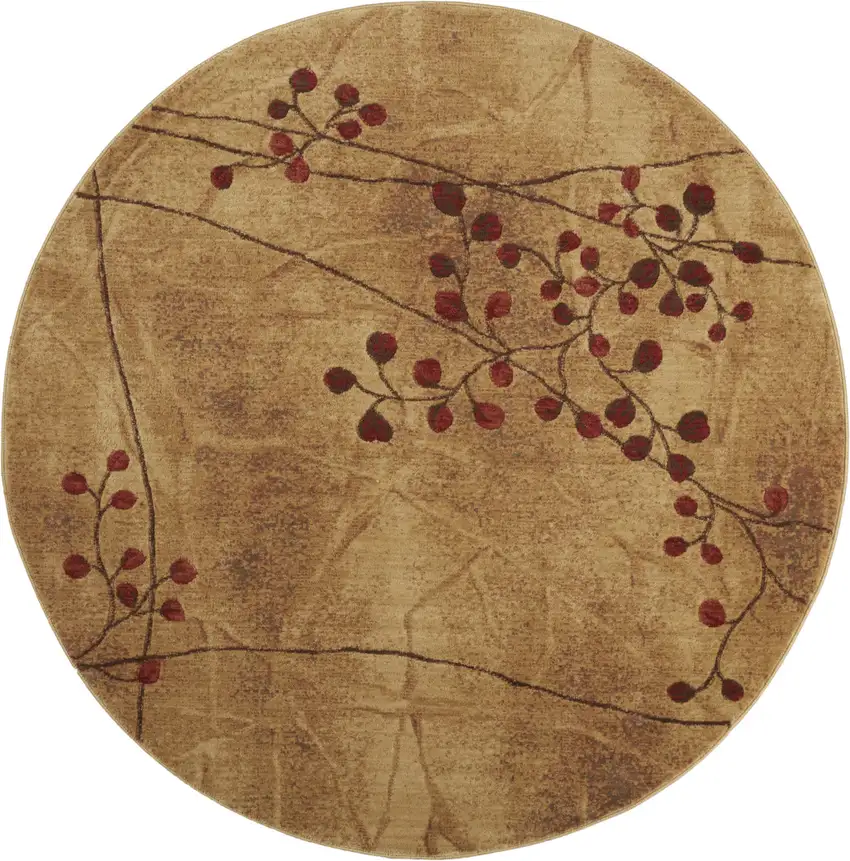 8' Brown Round Floral Power Loom Area Rug Photo 6