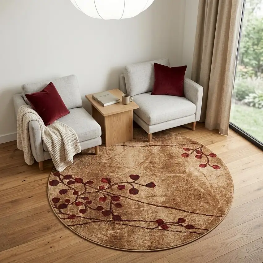 6' Brown Round Floral Power Loom Area Rug Photo 1