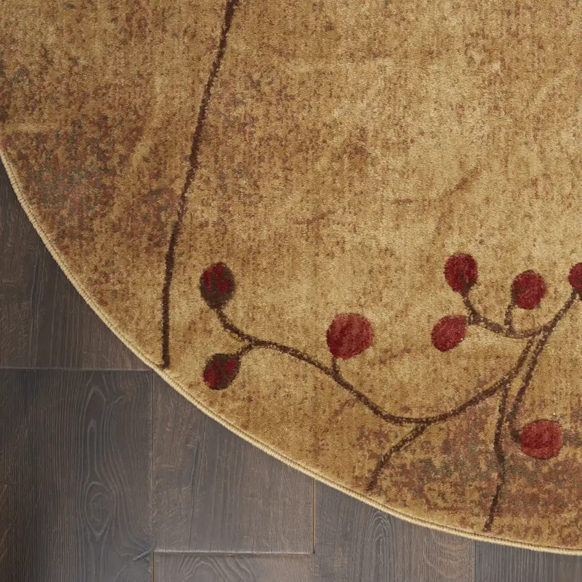 4' Brown Round Floral Power Loom Area Rug Photo 3