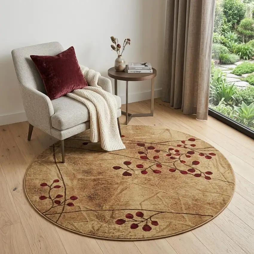 4' Brown Round Floral Power Loom Area Rug Photo 1