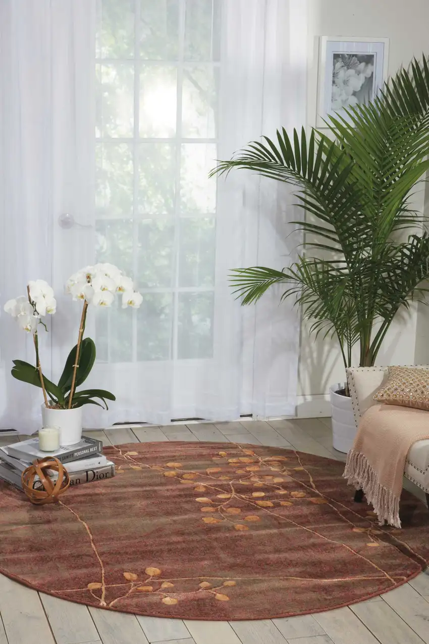 6' Brown Round Floral Power Loom Area Rug Photo 5