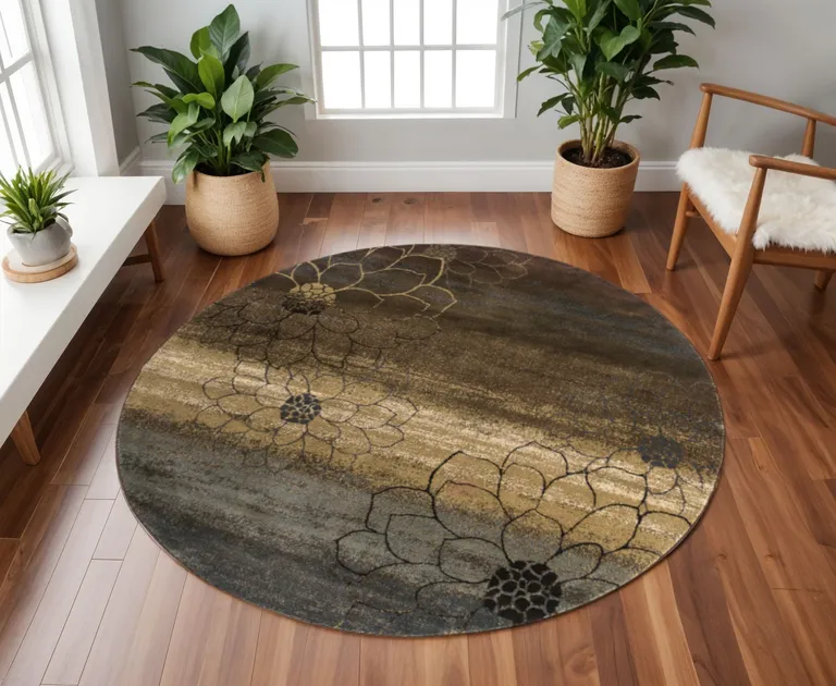 8' Brown Round Floral Power Loom Stain Resistant Area Rug Photo 4