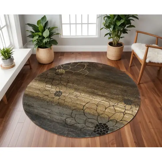 8' Brown Round Floral Power Loom Stain Resistant Area Rug Photo 1