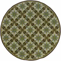 Photo of 8' Brown Round Floral Stain Resistant Indoor Outdoor Area Rug