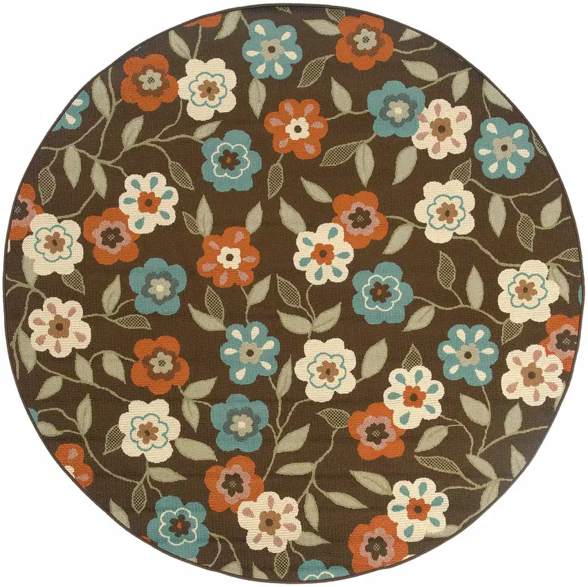 8' Brown Round Floral Stain Resistant Indoor Outdoor Area Rug Photo 1