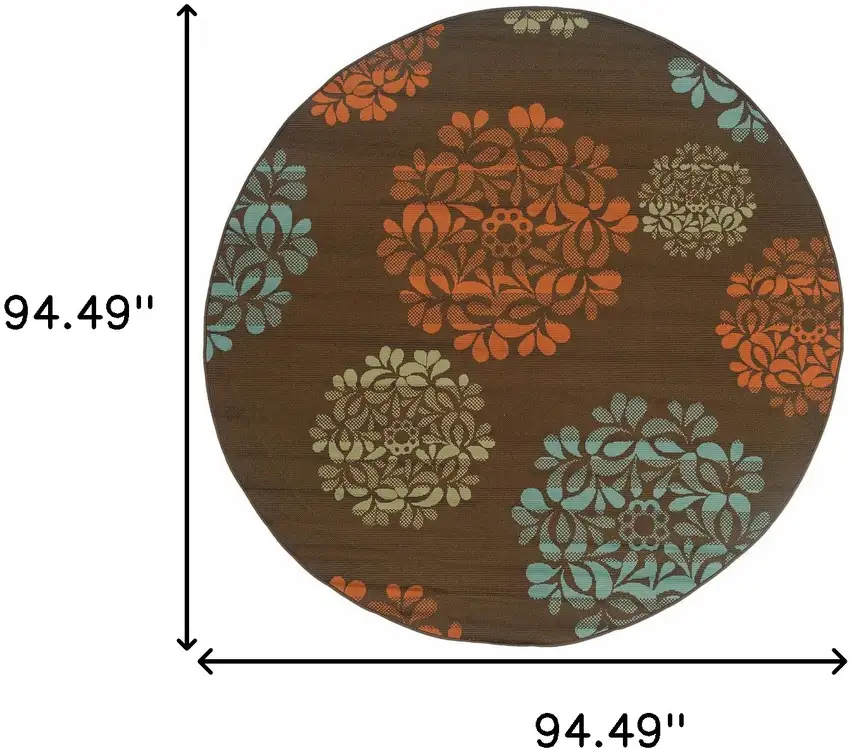 8' Brown Round Floral Stain Resistant Indoor Outdoor Area Rug Photo 4