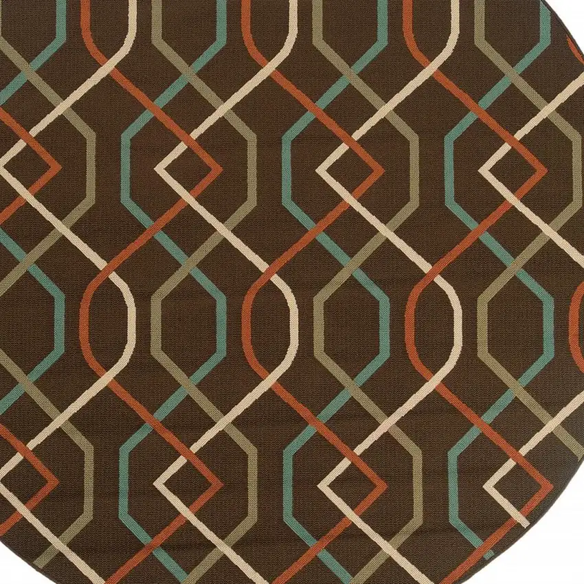 Brown and Ivory Round Geometric Stain Resistant Indoor Outdoor Area Rug Photo 5