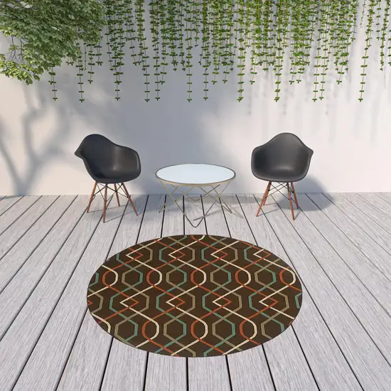 8' Brown Round Geometric Stain Resistant Indoor Outdoor Area Rug Photo 3
