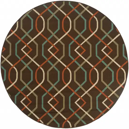 8' Brown Round Geometric Stain Resistant Indoor Outdoor Area Rug Photo 1