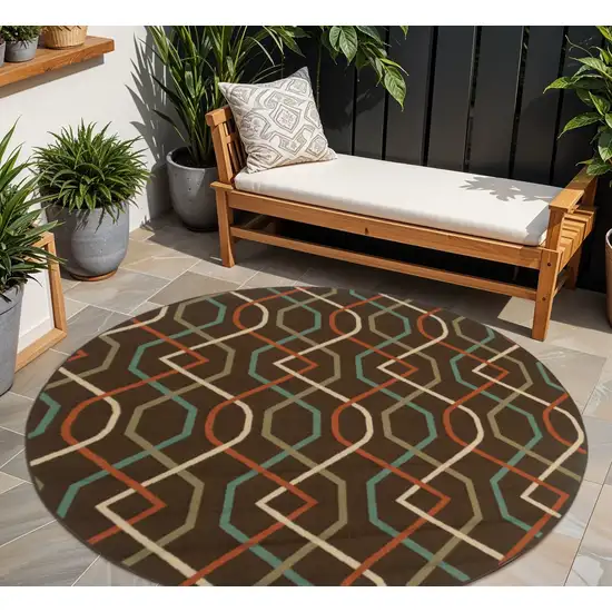 Brown and Ivory Round Geometric Stain Resistant Indoor Outdoor Area Rug Photo 1
