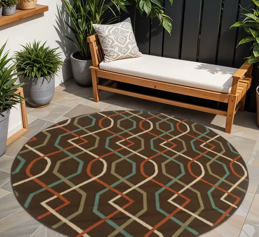 Brown and Ivory Round Geometric Stain Resistant Indoor Outdoor Area Rug Photo 1
