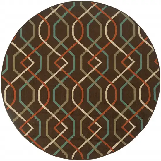8' Brown Round Geometric Stain Resistant Indoor Outdoor Area Rug Photo 2