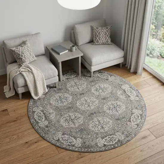 6' Charcoal And Gray Medallion Round Rug Photo 1