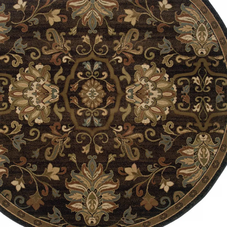 8' Brown Round Oriental Power Loom Stain Resistant Area Rug Photo 3