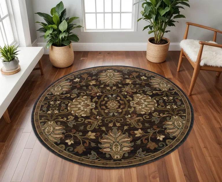 8' Brown Round Oriental Power Loom Stain Resistant Area Rug Photo 4
