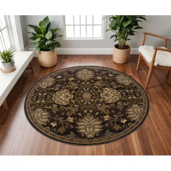 8' Brown Round Oriental Power Loom Stain Resistant Area Rug Photo 1