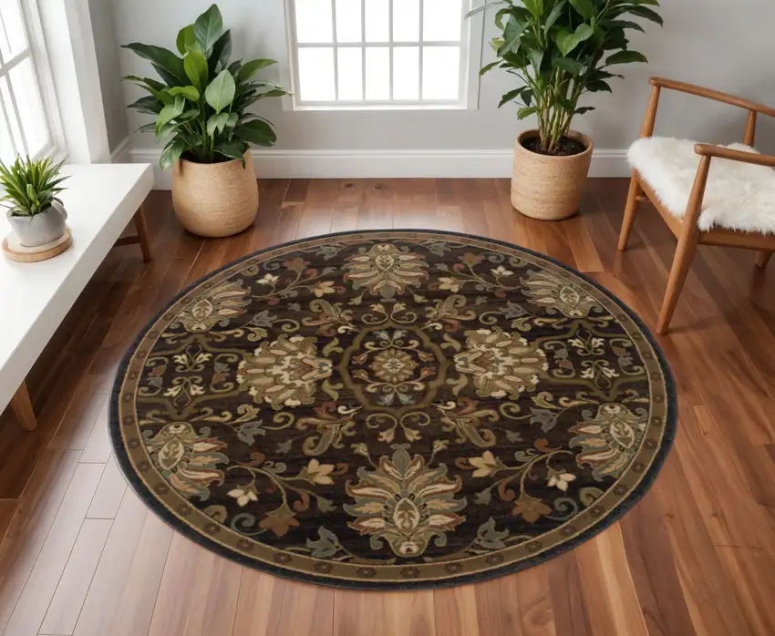 8' Brown Round Oriental Power Loom Stain Resistant Area Rug Photo 1