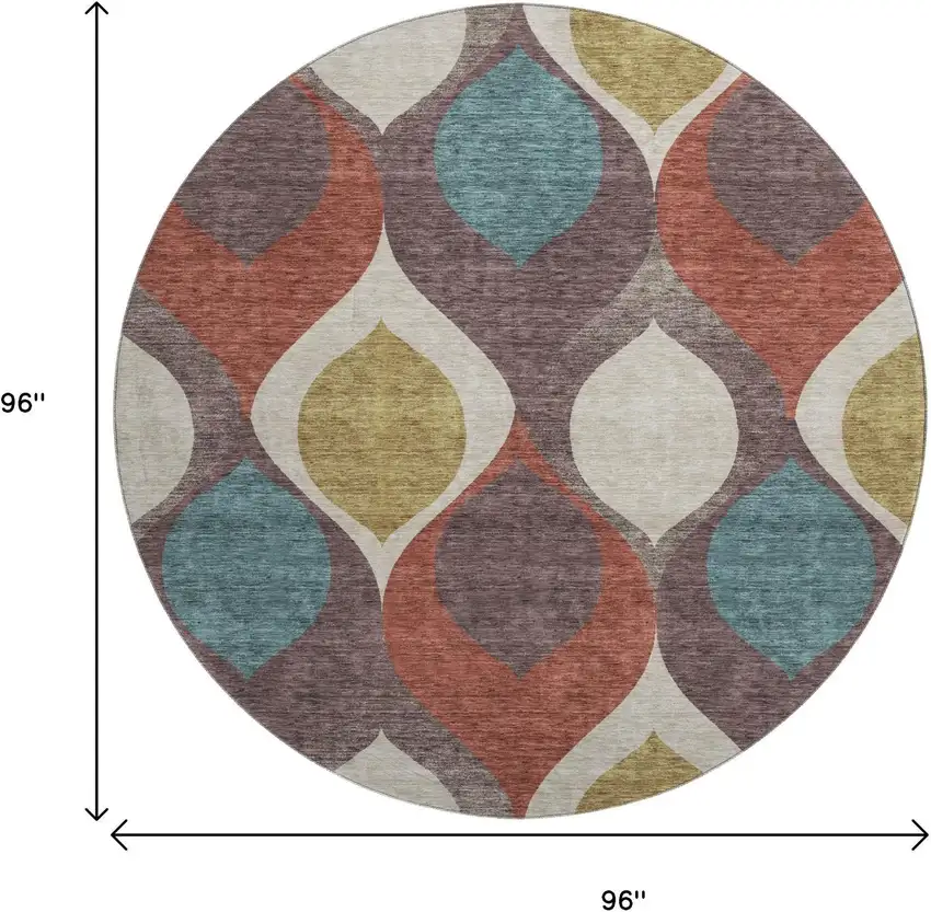 8' Brown Rust And Teal Ogee Washable Round Rug With UV Protection Photo 3