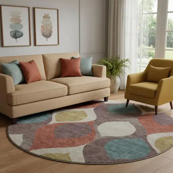 8' Brown Rust And Teal Ogee Washable Round Rug With UV Protection Photo 1