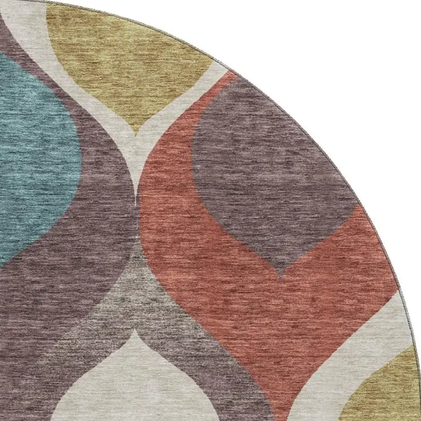 8' Brown Rust And Teal Ogee Washable Round Rug With UV Protection Photo 4
