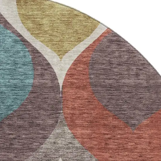 8' Brown Rust And Teal Ogee Washable Round Rug With UV Protection Photo 3