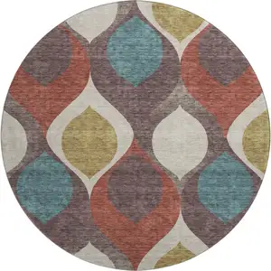 Photo of 8' Brown Rust And Teal Ogee Washable Round Rug With UV Protection