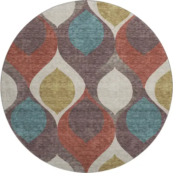 8' Brown Rust And Teal Ogee Washable Round Rug With UV Protection Photo 1