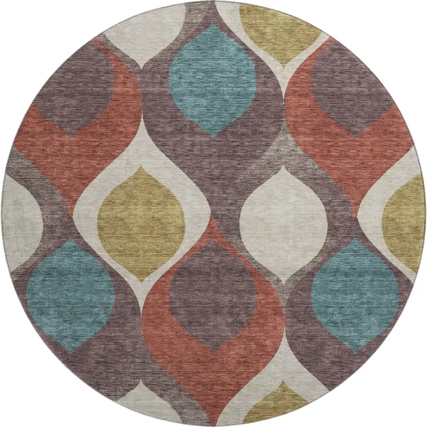 8' Brown Rust And Teal Ogee Washable Round Rug With UV Protection Photo 1