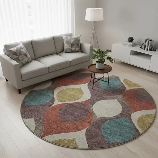 8' Brown Rust And Teal Ogee Washable Round Rug With UV Protection Photo 2