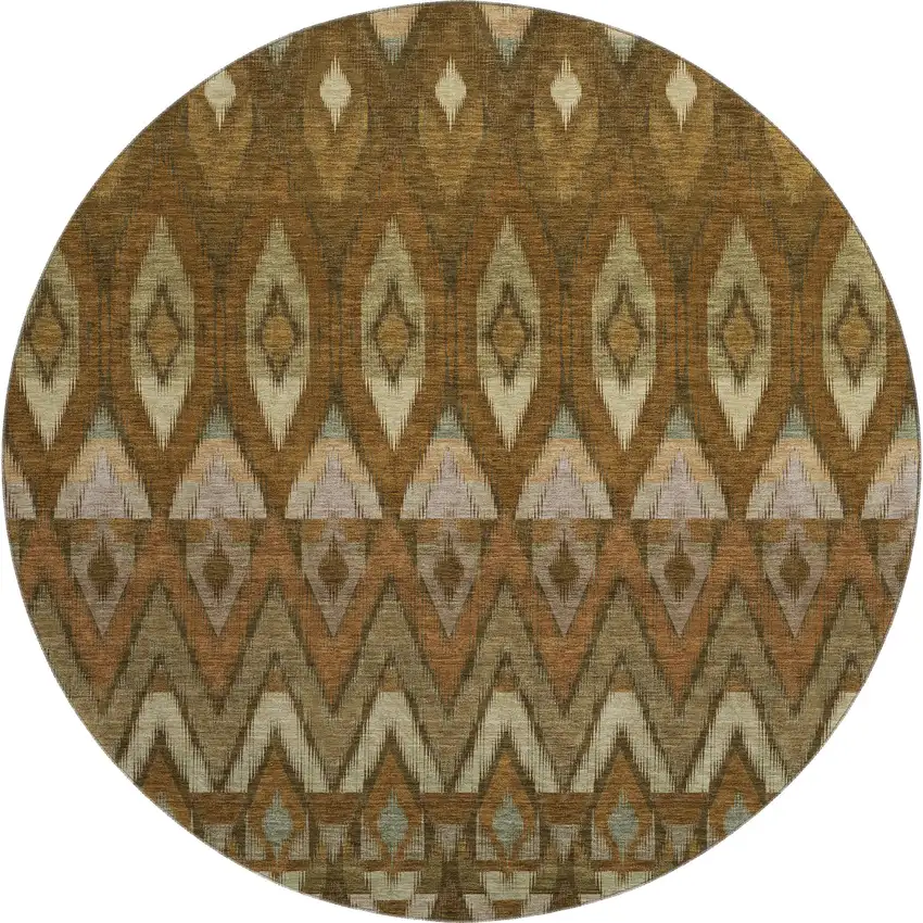 8' Brown Sage And Beige Southwestern Washable Round Rug With UV Protection Photo 1