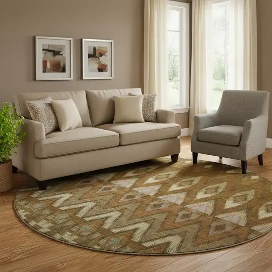 8' Brown Sage And Beige Southwestern Washable Round Rug With UV Protection Photo 1