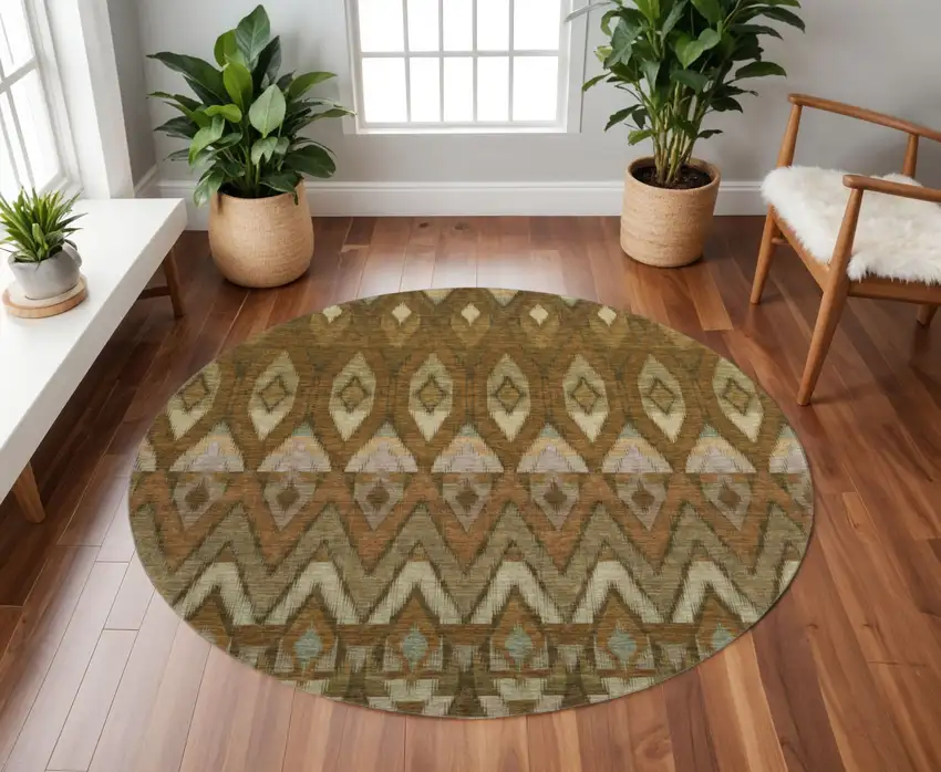 8' Brown Sage And Beige Southwestern Washable Round Rug With UV Protection Photo 2