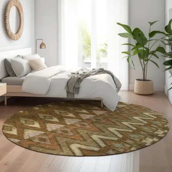 8' Brown Sage And Beige Southwestern Washable Round Rug With UV Protection Photo 5