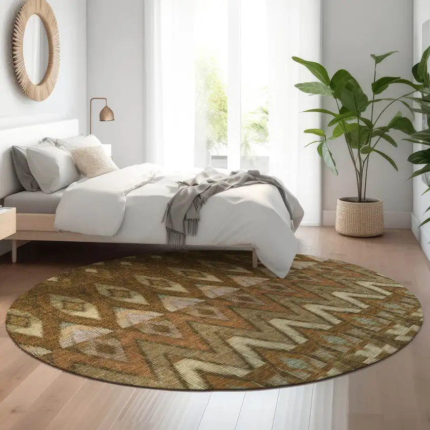 8' Brown Sage And Beige Southwestern Washable Round Rug With UV Protection Photo 5