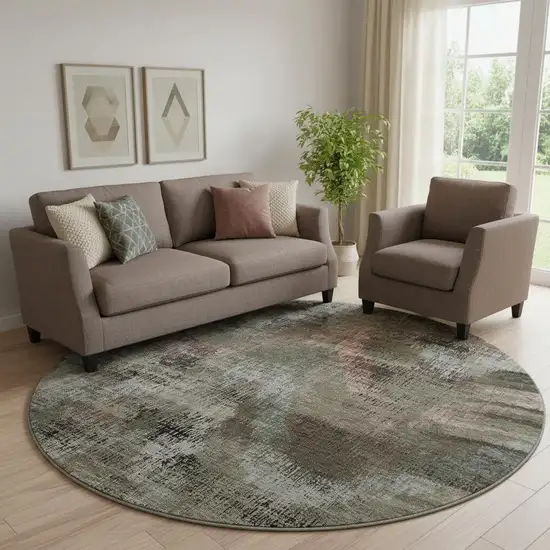 8' Brown Salmon And Gray Abstract Washable Round Rug With UV Protection Photo 1