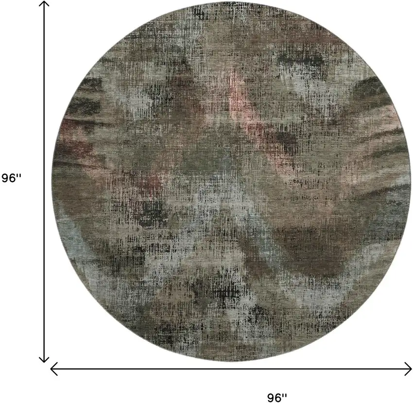 8' Brown Salmon And Gray Abstract Washable Round Rug With UV Protection Photo 9