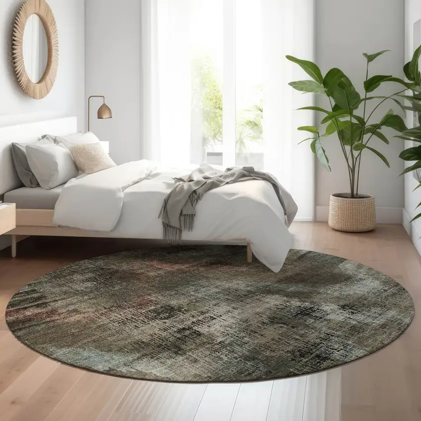 8' Brown Salmon And Gray Abstract Washable Round Rug With UV Protection Photo 4