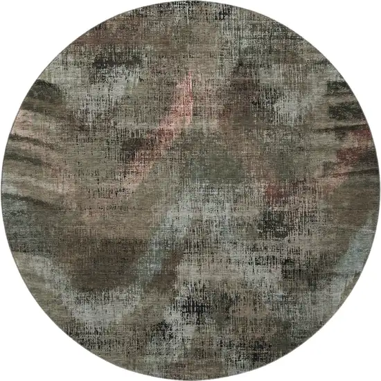 8' Brown Salmon And Gray Abstract Washable Round Rug With UV Protection Photo 3