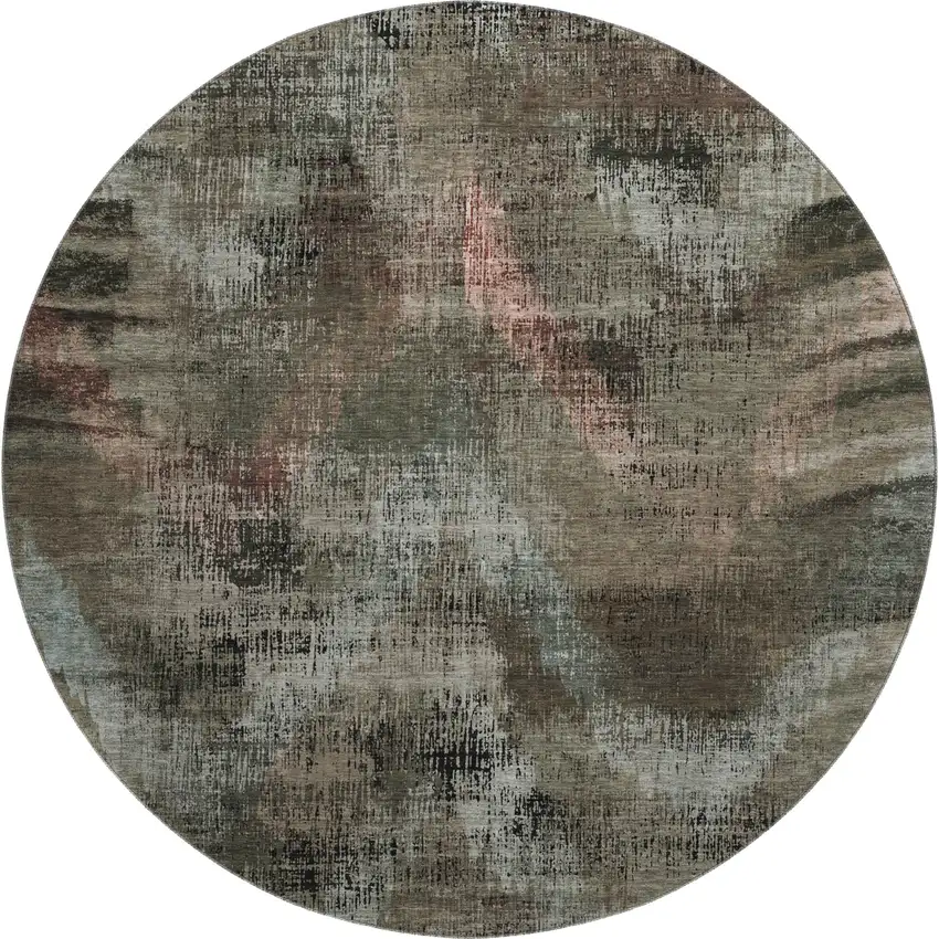 8' Brown Salmon And Gray Abstract Washable Round Rug With UV Protection Photo 1