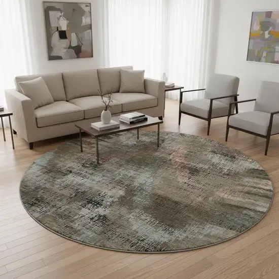 8' Brown Salmon And Gray Abstract Washable Round Rug With UV Protection Photo 2