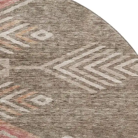 8' Brown Salmon And Ivory Geometric Washable Round Rug With UV Protection Photo 2