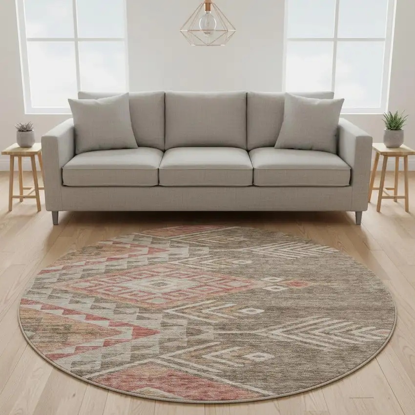 8' Brown Salmon And Ivory Geometric Washable Round Rug With UV Protection Photo 2
