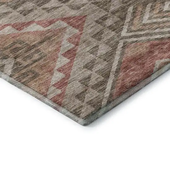 8' Brown Salmon And Ivory Geometric Washable Round Rug With UV Protection Photo 6