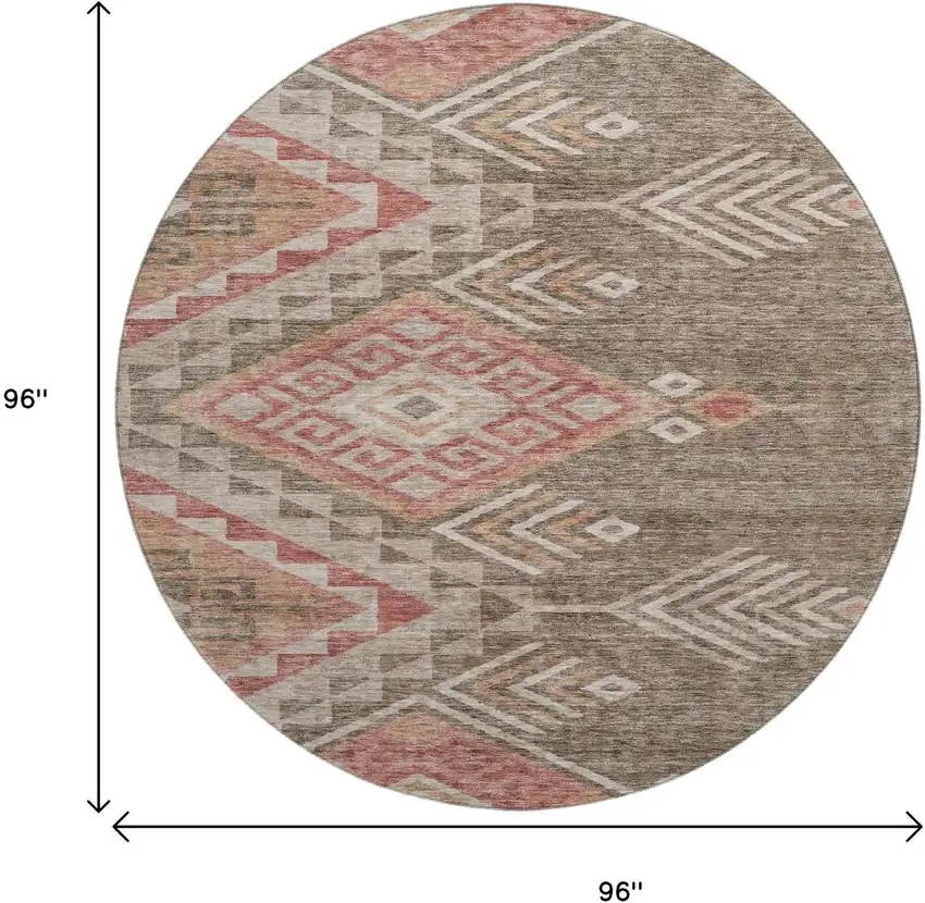 8' Brown Salmon And Ivory Geometric Washable Round Rug With UV Protection Photo 9