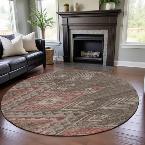8' Brown Salmon And Ivory Geometric Washable Round Rug With UV Protection Photo 4