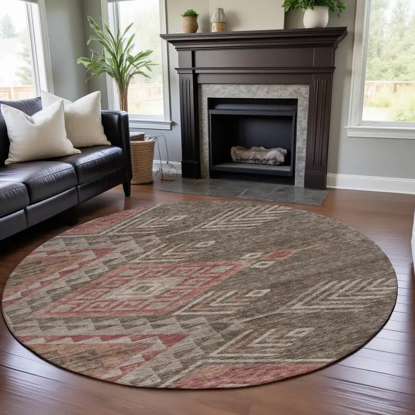 8' Brown Salmon And Ivory Geometric Washable Round Rug With UV Protection Photo 4