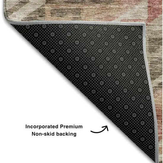 8' Brown Salmon And Ivory Geometric Washable Round Rug With UV Protection Photo 5